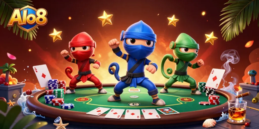 Alo8's ninja chameleon team engages in poker action amidst vibrant casino elements.