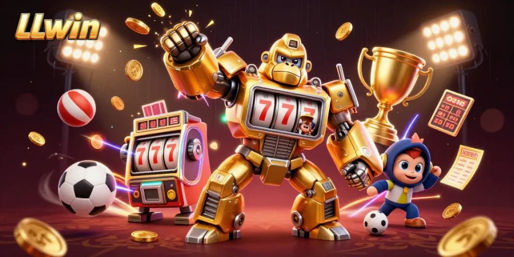 Experience exciting gameplay with LLwin's vibrant 3D illustration showcasing a golden gorilla mech and sports action.