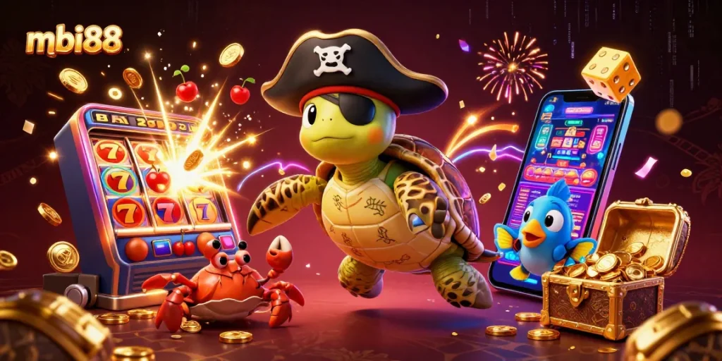 Experience thrilling games at mbi88 with a 3D pirate turtle and vibrant casino elements.