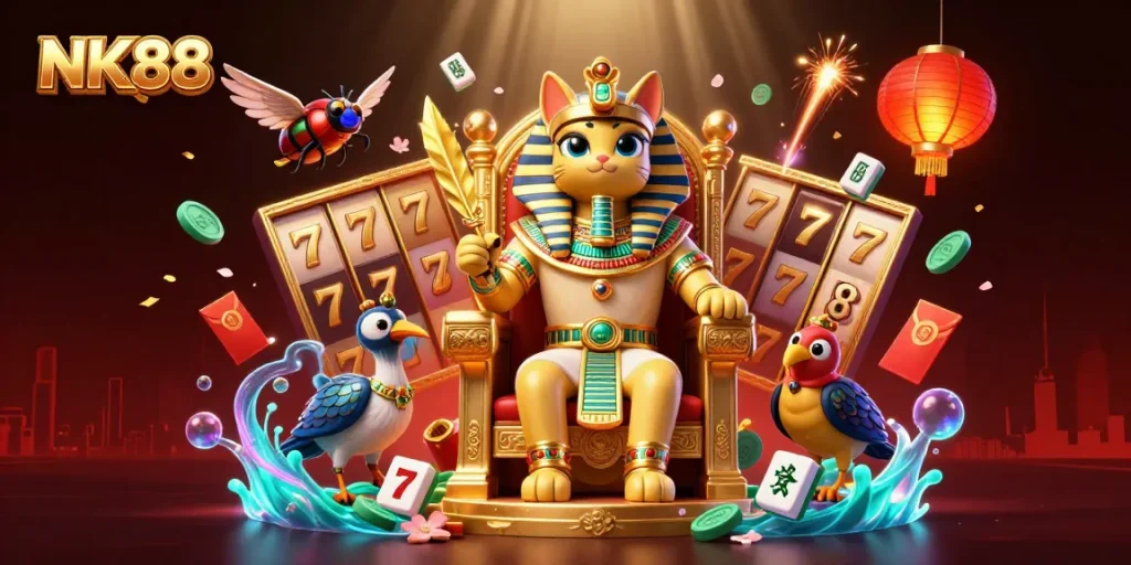 Engage in thrilling slots action with NK88 at a vibrant 3D casino scene, featuring rich visuals and dynamic elements.
