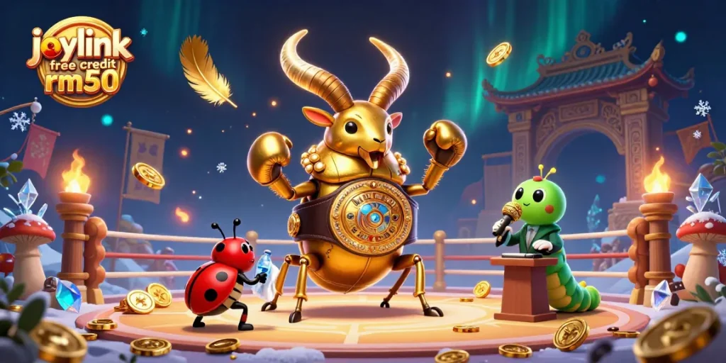Engage with joylink free credit rm50 through a vibrant casino-themed 3D illustration showcasing dynamic characters in action.