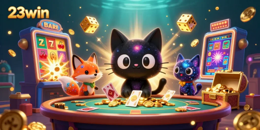 Experience 23win's cosmic gaming allure with a swirling galaxy black hole cat and vibrant gaming elements.