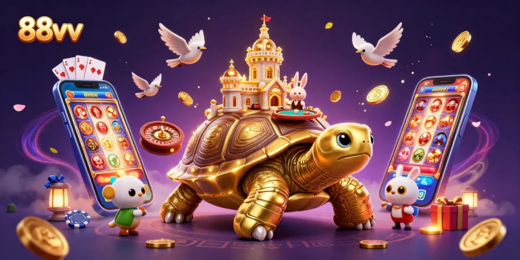 Experience 88vv's vibrant casino world with a golden tortoise, dealer, and coins flowing.