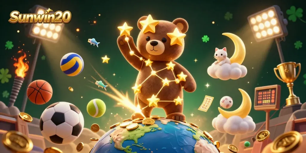 Engage with Sunwin20's vibrant 3D casino scene of the constellation bear scooping coins while sports elements fly around.