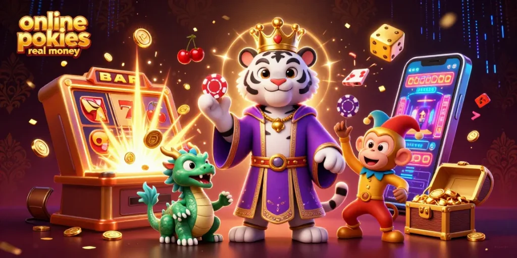 Experience the thrill of online pokies real money with colorful slot machines and lively characters.