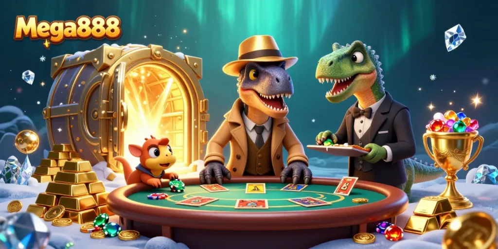 Mega888 menawarkan pengalaman bermain kasino yang menarik dengan ilustrasi slot dan permainan dalam suasana yang penuh gemerlapan.