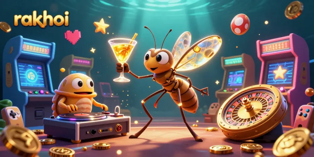 Engage with rakhoi's vibrant online casino scene featuring mascot characters and dynamic gaming elements.