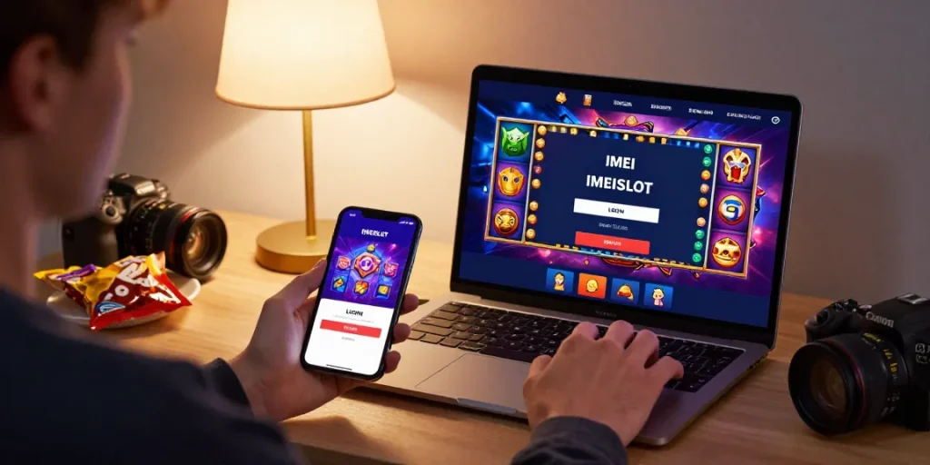 Proses IMEI LOGIN di IMEISLOT dengan ponsel dan laptop, suasana bermain slot yang nyaman.