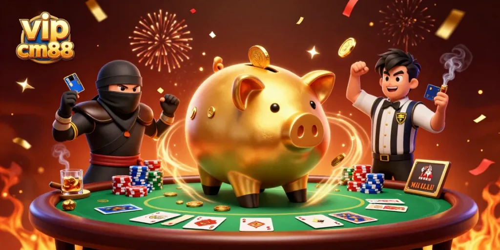 Join the thrilling action with vip cm88 as our golden piggy bank sumo wrestler shakes loose coins at a vibrant poker scene!