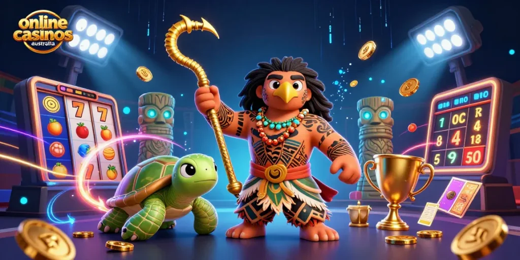 Win big at online casinos Australia with this vibrant 3D illustration featuring a demigod hawk and exciting gaming elements.