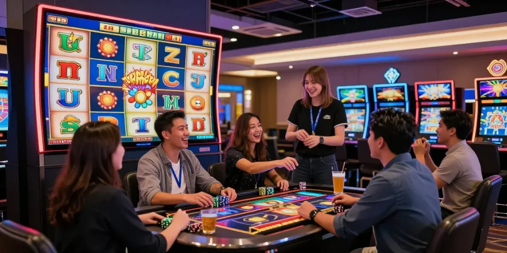 Excited players enjoying a slot gacor experience in a modern casino, showcasing vibrant gaming activity and potential wins.