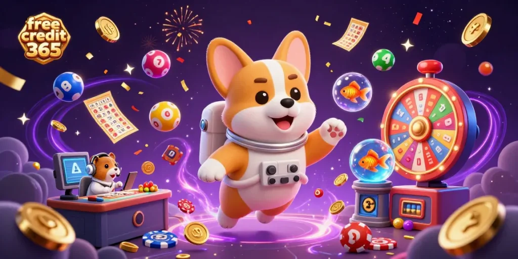 Experience free credit 365 excitement with a vibrant casino-themed illustration featuring playful characters.