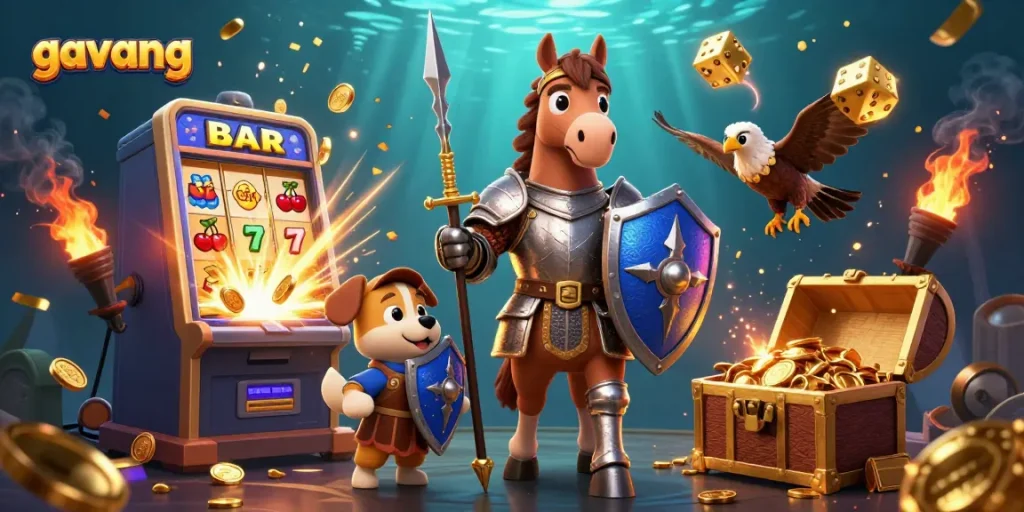Engage in thrilling gameplay with gavang as a medieval knight, stunning slots and dynamic game elements surround.